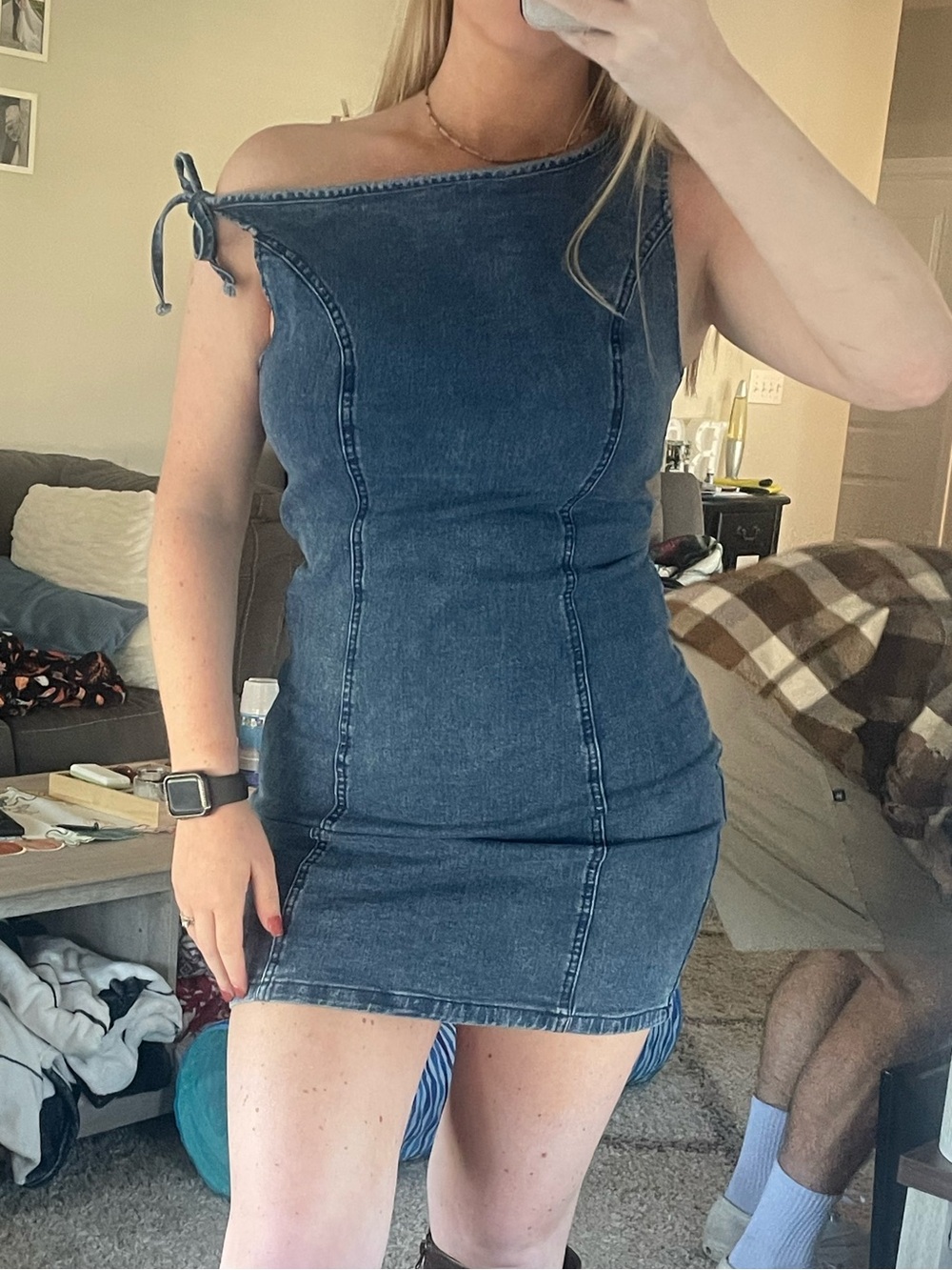 One-Shoulder Denim Mini Dress